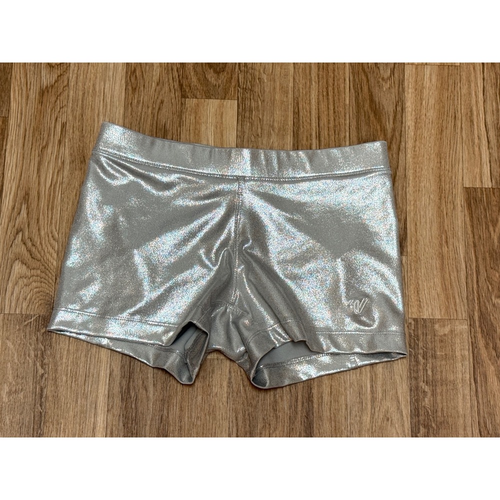 Varsity Spirit Womens Silver Metallic Cheer Shorts Size S Dance Gymnastics Shiny
